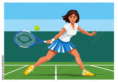 Animated woman hitting tennis ball court backdrop in active pose