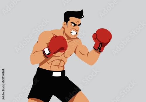 Animated boxer in fighting stance intense expression red gloves black shorts