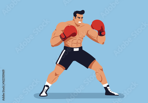 Muscled boxer in fighting stance ready to strike with red gloves
