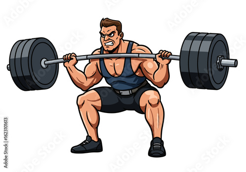 Weightlifters squat with barbell straining to lift the heavy weight