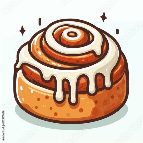 A charming cartoon illustration of a warm cinnamon roll topped with sweet, dripping white icing and sparkles.