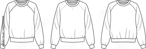 Raglan sleeve sweatshirt fashion flat sketch, women’s crewneck top vector CAD template, set of front technical drawings