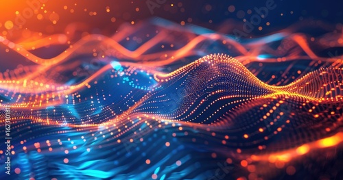 Abstract digital waves with glowing particles in blue and orange tones.