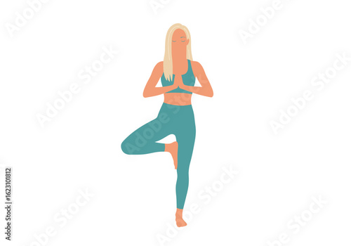Serene yogi in teal stands in tree pose hands pressed together