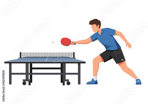 Energetic ping pong player midswing at a table tennis game