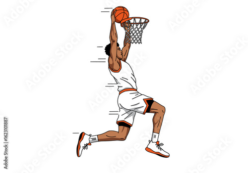 Leaping dunk An athlete soars toward the basket ball in hand ready to slam it home