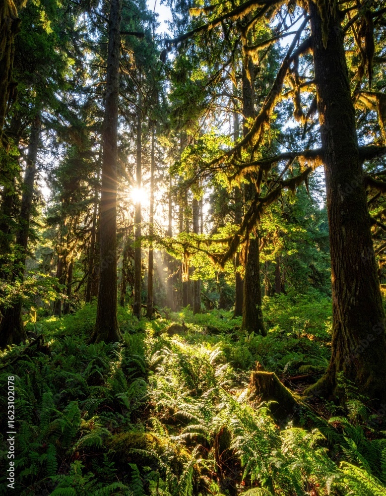 Obraz premium Sunlight filters through lush forest