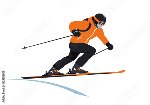 Skier in orange jacket glides down slope with poles helmet and skis