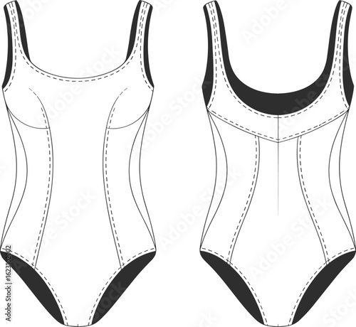 One-piece swimsuit fashion flat sketch, women’s swimwear with panel details, front and back technical drawing, vector CAD template