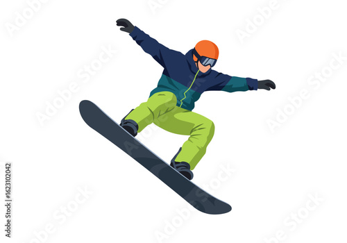Snowboarder in midair executing a trick with a determined expression against a plain white background