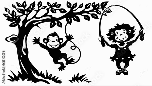 Silhouette of a monkey swinging from a tree branch and a girl skipping rope in black and white style