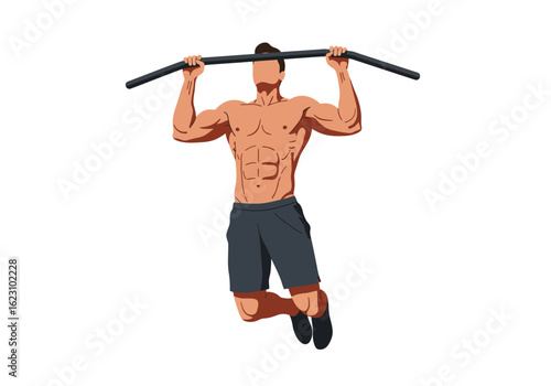 Muscled figure in motion Pulling up toward a black bar with unwavering core strength