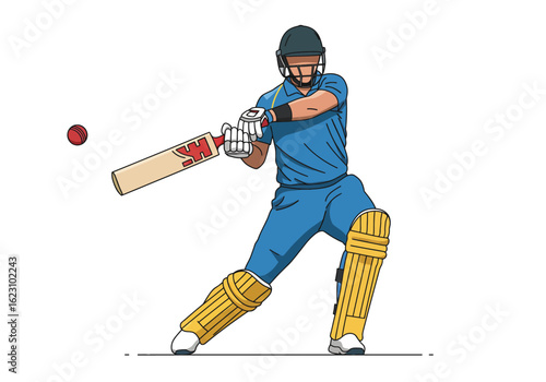 A cricketer in action poised to strike the red ball with his bat