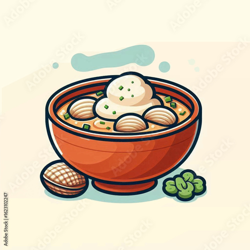 Illustration of a bowl of clam chowder topped with cream and garnished with chives, with clams and parsley on the side.