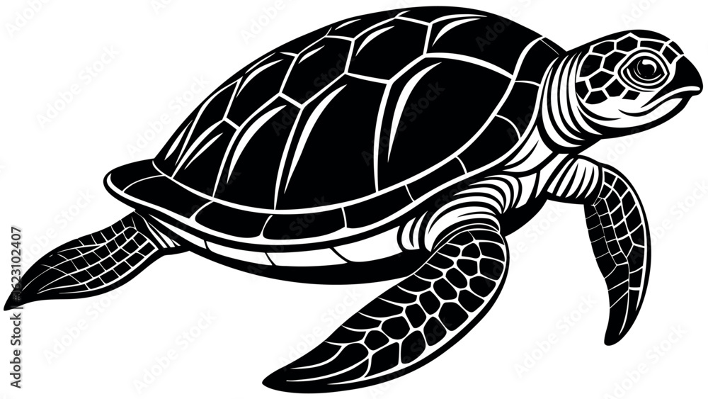 Fototapeta premium A majestic sea turtle gracefully walking underwater in a striking silhouette design