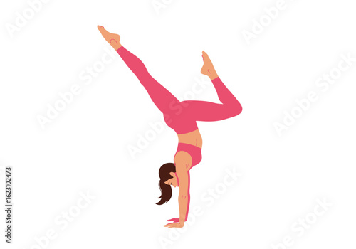 Yoga Handstand Asymmetry Woman balances in pink one leg up one bent hair down