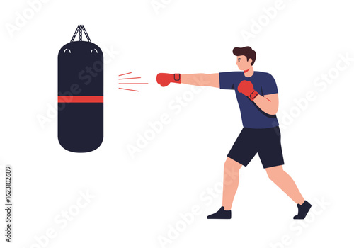 A determined boxer lands a punch on a heavy bag during a training session