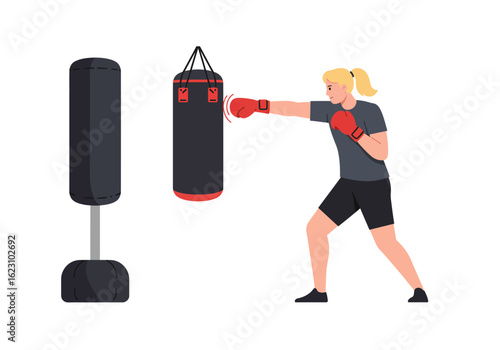 Punching bag workout A blonde boxer hits a hanging heavy bag with red gloves