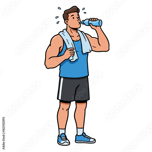 Vector art of an athletic man drinking water from a bottle after a workout, looking refreshed, isolated on white background