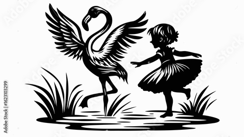 Silhouette of a girl in a tutu reaching out to a flamingo with wings spread in a watery landscape