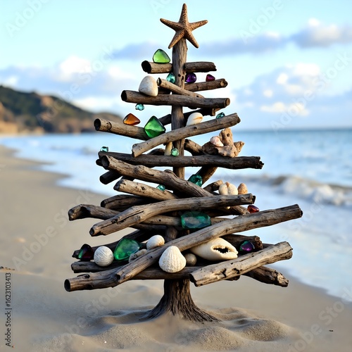 Unique driftwood christmas tree decorated with seashells and gems