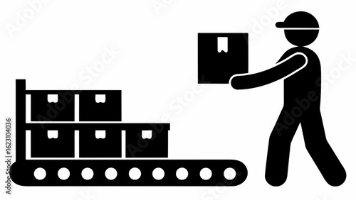 Silhouette of worker carrying box from conveyor belt loaded with boxes in black and white design illustration