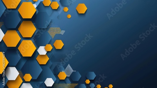 Abstract design featuring hexagons in blue and orange tones, suitable for backgrounds or graphics.