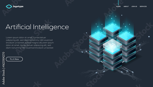 Dark-themed webpage interface with glowing isometric cubes and digital elements, showcasing advanced AI, cyber systems, and futuristic tech innovations.