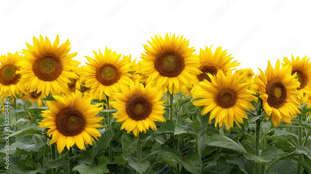 Fototapeta premium Bright Yellow Sunflowers in Field background isolated on a Transparent background, PNG file.
