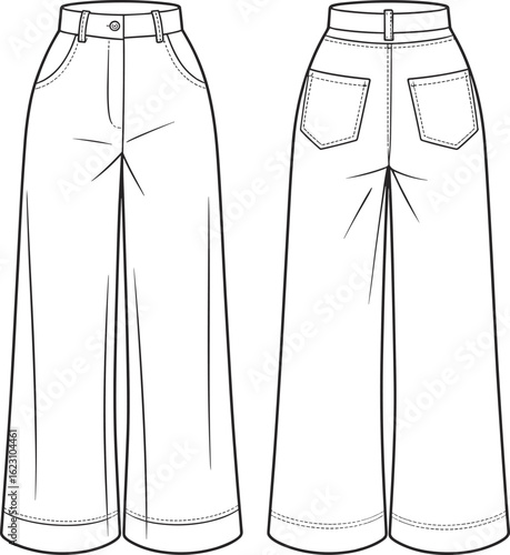Wide-leg pants flat sketch, high waist, button closure, front and back pockets, casual loose-fit trousers fashion CAD template design