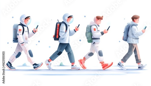 Astronauts walking, using phones