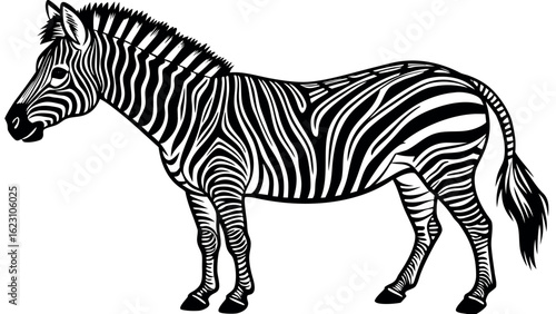 A striking black and white zebra silhouette design showcasing its distinctive stripes and form in a clean vector graphic silhouette