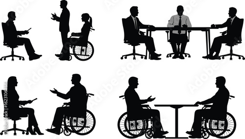 Inclusive office meeting, wheelchair users, diverse team collaboration, business communication, professional attire, accessibility concept, workplace unity, corporate discussion, teamwork