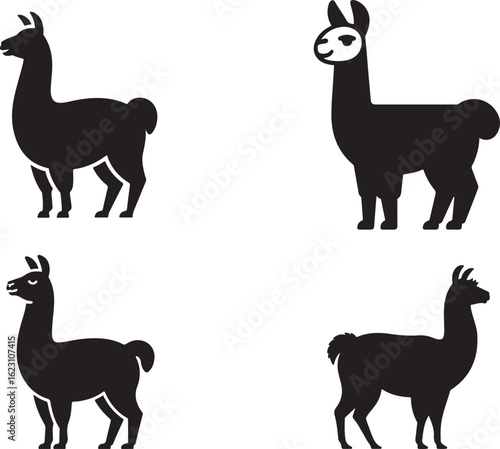 Llama Silhouette Vector Icon Set, Cute Alpaca Animal Clipart in Black, LIama logotype illustration set.