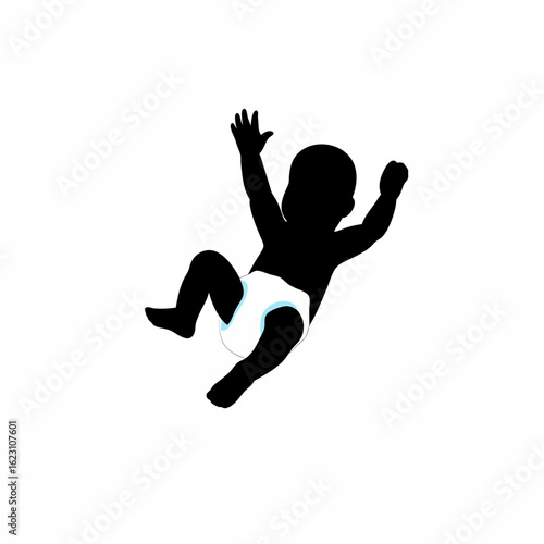 Silhouette of a baby giggling with arms raised up on white background