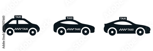 Three Black Taxi Car Icons: Side, Front, and Rear Views, Simple, Modern Design, Transportation Vector.
