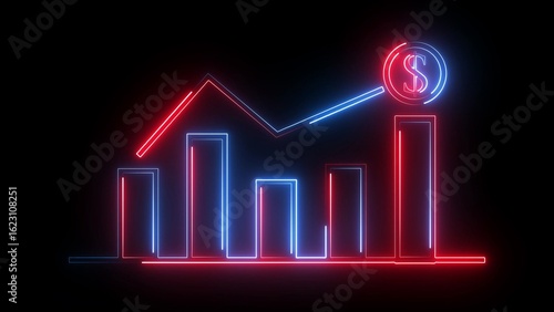 A neon business graph icon features glowing lines or bars on a dark background, symbolizing data growth, analytics, or performance trends in a modern, high-tech style.
