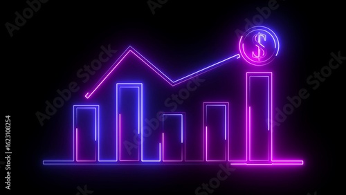 A neon business graph icon features glowing lines or bars on a dark background, symbolizing data growth, analytics, or performance trends in a modern, high-tech style.
