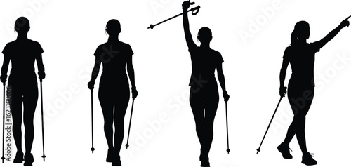 Nordic walking silhouettes, people using poles, outdoor fitness activity, healthy lifestyle, exercise motion, trekking illustration, black vector on white background