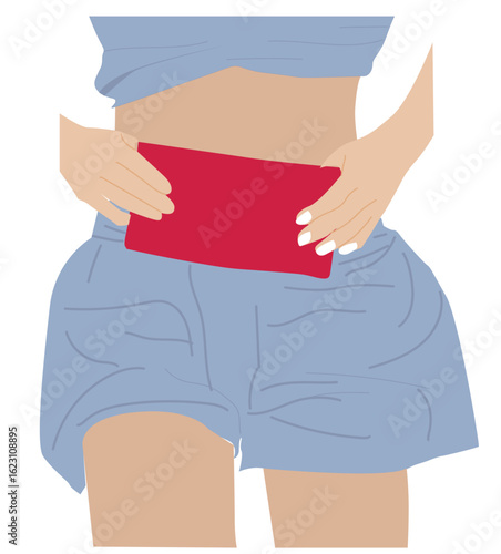 menstrual compress. heating pad. Woman dealing with painful menstruation