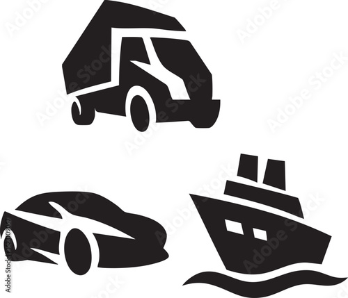 Black icons of a truck car and ship displayed on white vehicle transport
