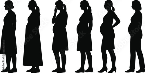 Pregnancy stages silhouette illustration, expecting women progression, motherhood journey, prenatal growth, maternity health concept, black vector artwork, baby bump timeline