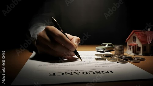 Close-Up of Hand Signing Insurance Document with Car and House Models Representing Assets
