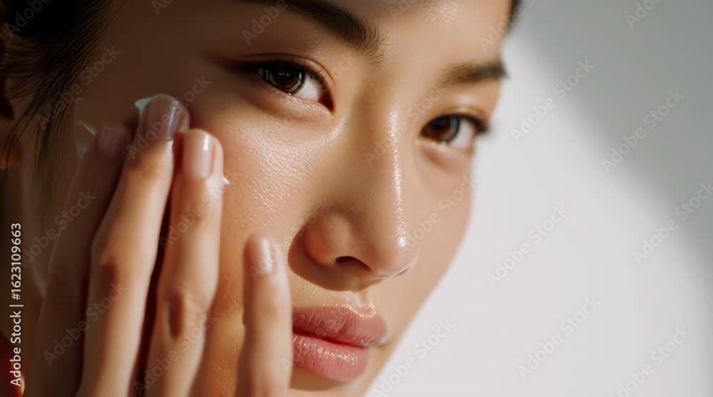 Young Asian woman applying cream to her face. Skin care product Young Asian woman applying cream to her face. Skin care product