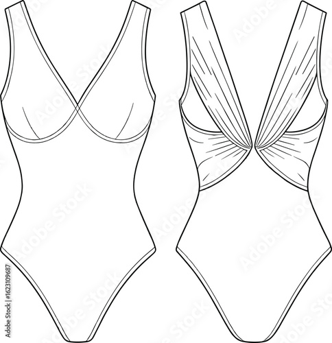 Women's one-piece swimsuit flat sketch, deep V-neck bodysuit CAD template, fashion technical drawing front and back view