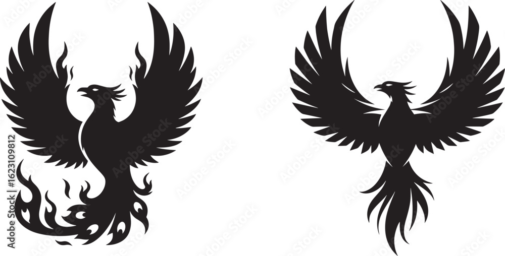 Fototapeta premium Two phoenix birds in black silhouette isolated on white background