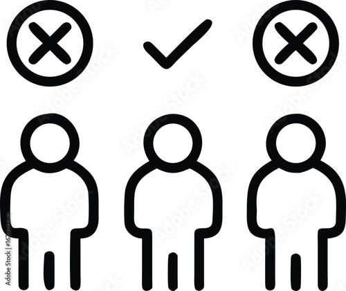 Approval and Rejection: An icon-style representation of three human figures, juxtaposed with checkmarks and X symbols, signifies choice, approval and disapproval.