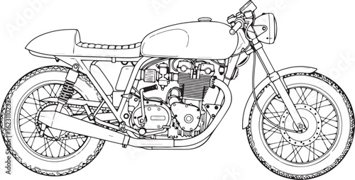 Black and white line art illustration of a classic cafe racer motorcycle