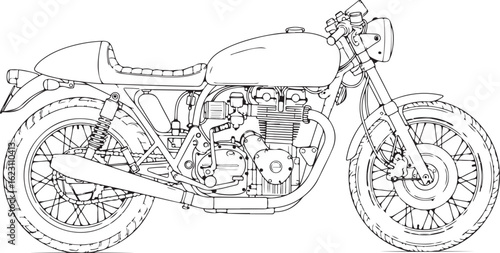 Black and white line art illustration of a classic motorcycle