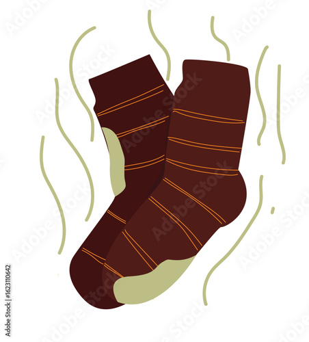 Smelly socks.Dirty stinky sock with flies and bad smell